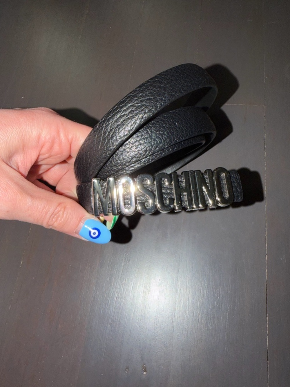 Moschino thin black pebbled leather logo silver hardware belt